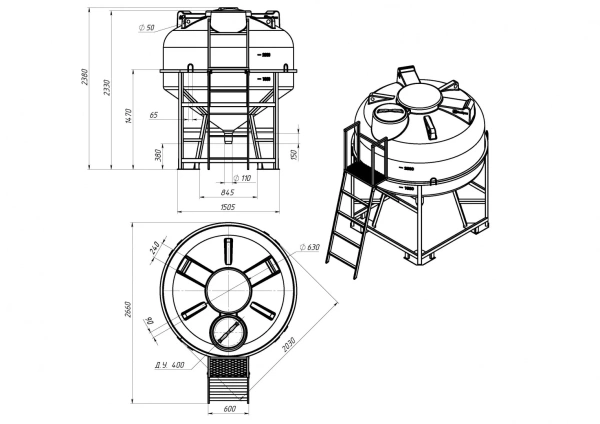 Емкость ЦКТ 3000 л с патрубком 90мм с фланцем под плотность до 1,2 г/см³ белая в обрешетке с лестницей